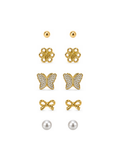Gold Earring Combo Set – 5 Pairs including ball, flower, butterfly, bow and pearl studs