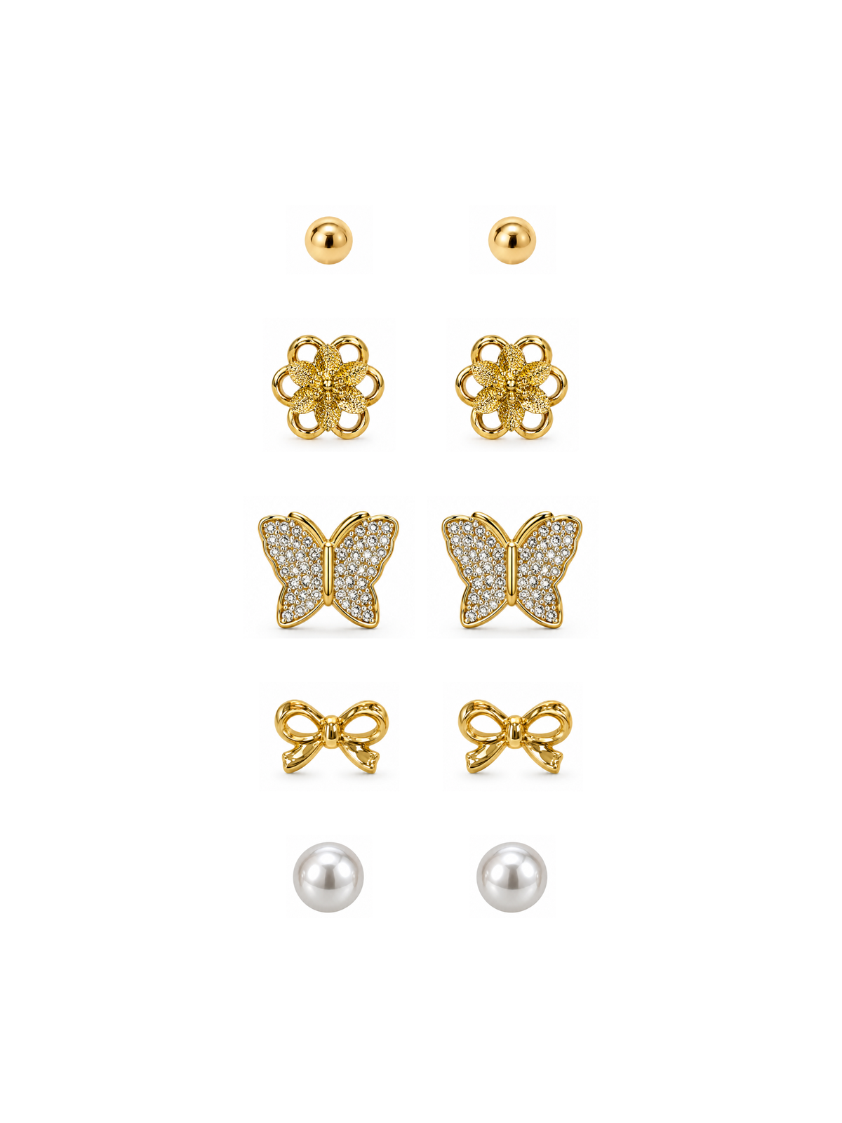 Gold Earring Combo Set – 5 Pairs including ball, flower, butterfly, bow and pearl studs
