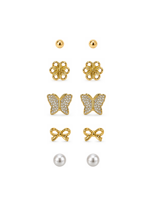 Gold Earring Combo Set – 5 Pairs including ball, flower, butterfly, bow and pearl studs