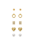 Gold Earring Combo Set 5 Pairs – Ball, Ring, Crystal, Heart, Pearl Studs