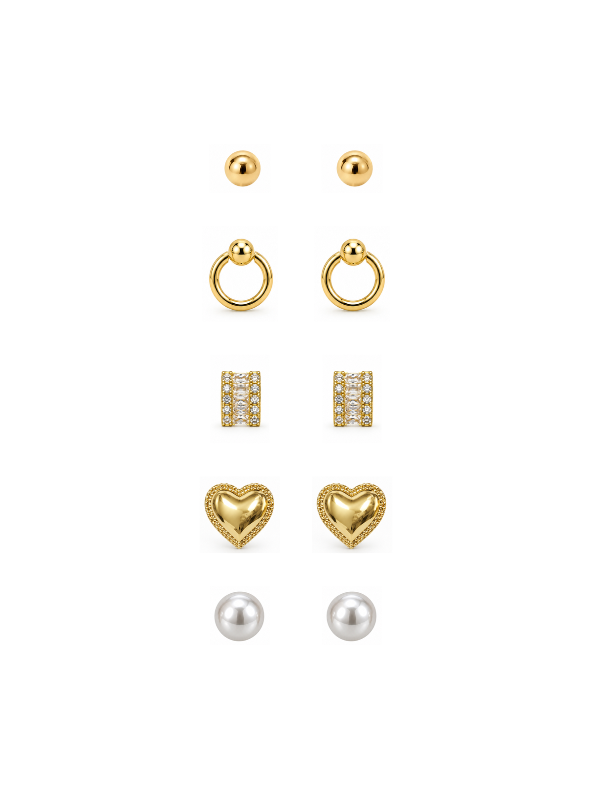 Gold Earring Combo Set 5 Pairs – Ball, Ring, Crystal, Heart, Pearl Studs