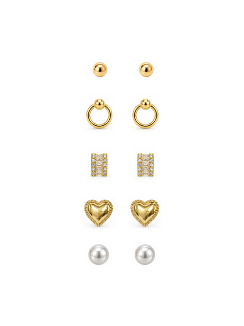 Gold Earring Combo Set 5 Pairs – Ball, Ring, Crystal, Heart, Pearl Studs