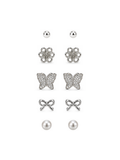 5-Pair Silver Stud Earrings Combo Set – Ball, Flower, Butterfly, Bow & Pearl