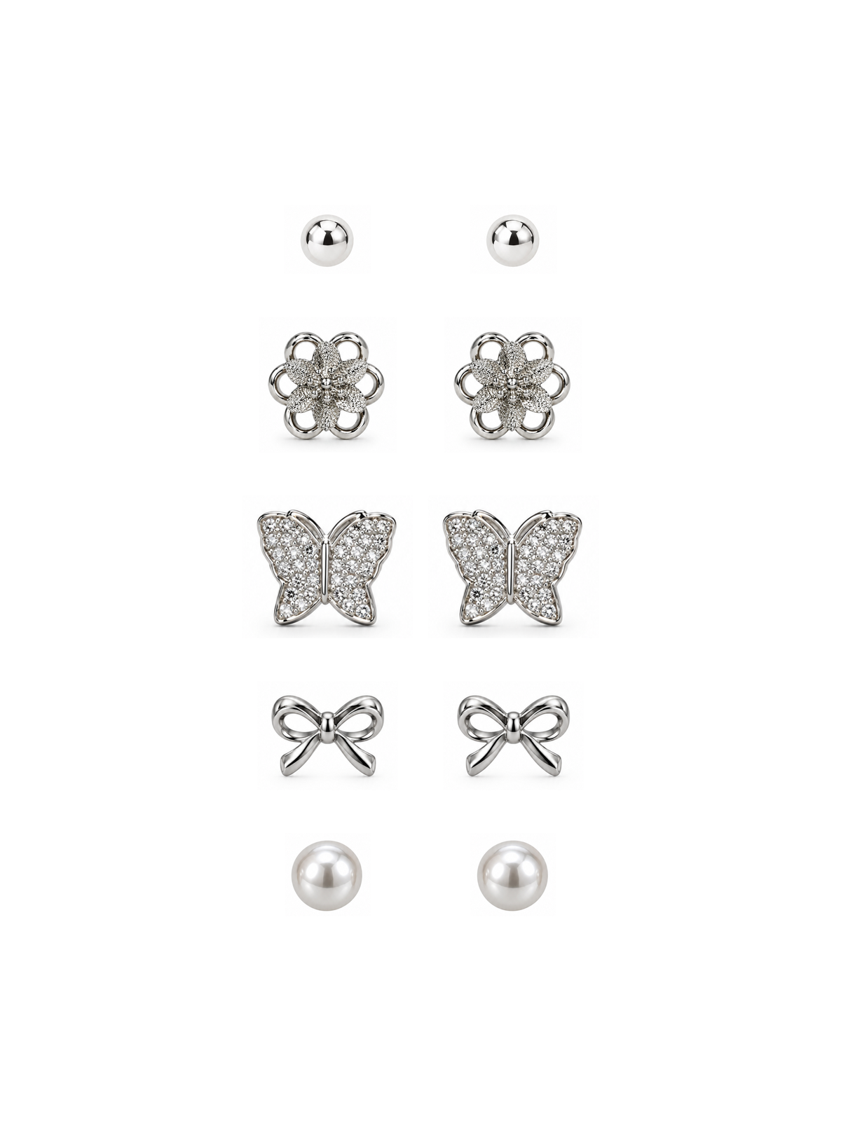 5-Pair Silver Stud Earrings Combo Set – Ball, Flower, Butterfly, Bow & Pearl