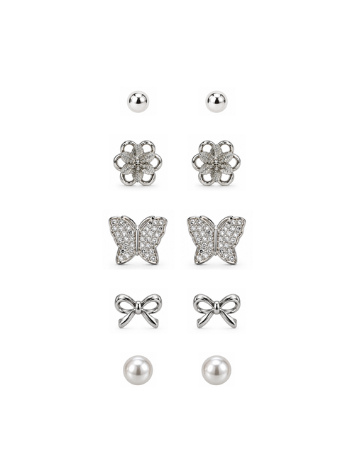 5-Pair Silver Stud Earrings Combo Set – Ball, Flower, Butterfly, Bow & Pearl