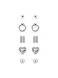5-pair silver earring combo set featuring ball studs, circle drops, crystal baguettes, pave hearts, and pearl studs