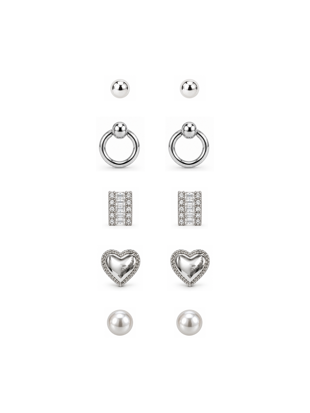 5-pair silver earring combo set featuring ball studs, circle drops, crystal baguettes, pave hearts, and pearl studs