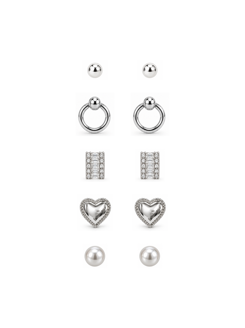 5-pair silver earring combo set featuring ball studs, circle drops, crystal baguettes, pave hearts, and pearl studs