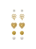 5-in-1 Combo Stud Earrings Set featuring crystal, clover, heart, disc and pearl studs
