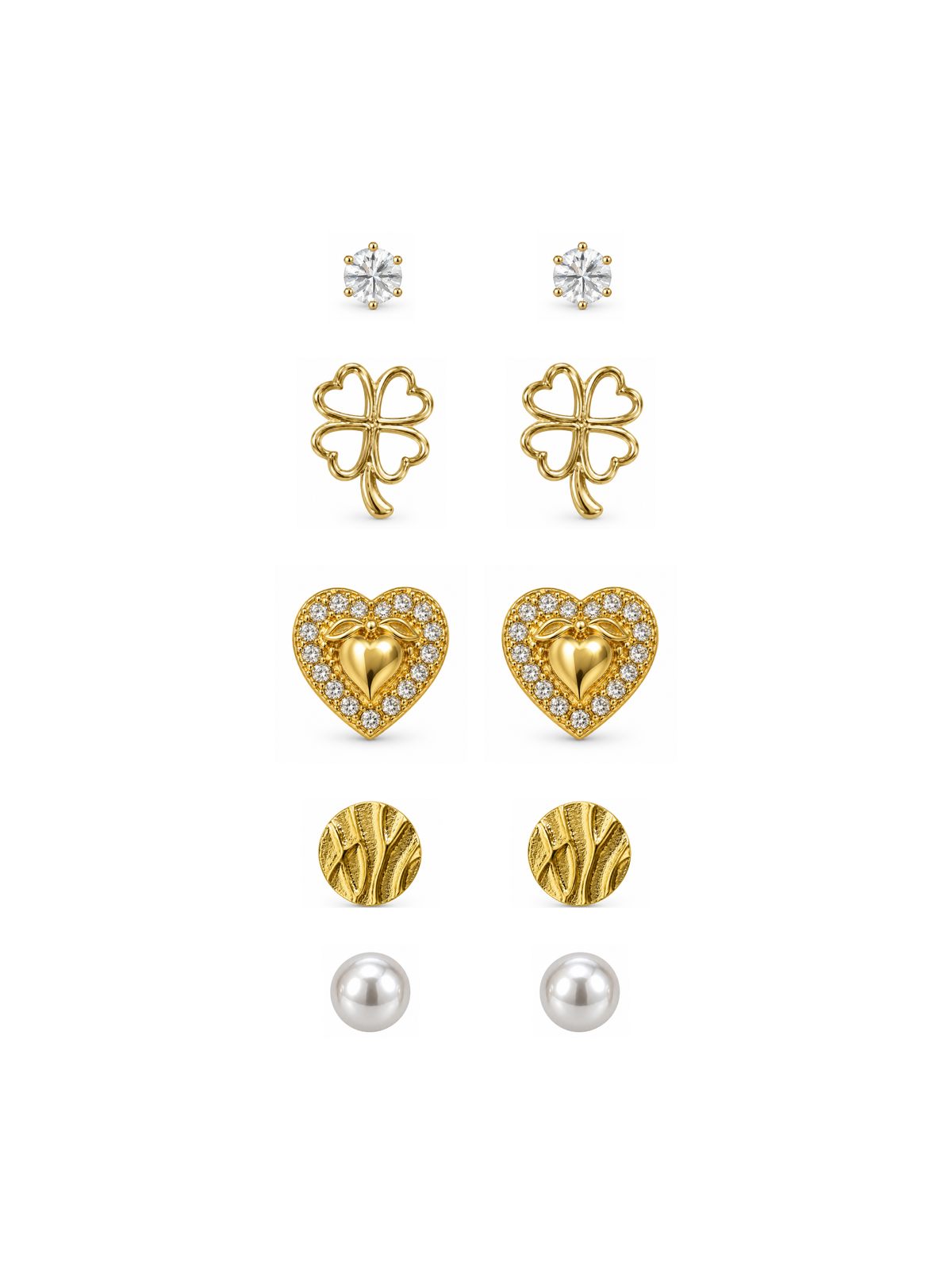 5-in-1 Combo Stud Earrings Set featuring crystal, clover, heart, disc and pearl studs