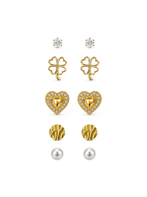 5-in-1 Combo Stud Earrings Set featuring crystal, clover, heart, disc and pearl studs