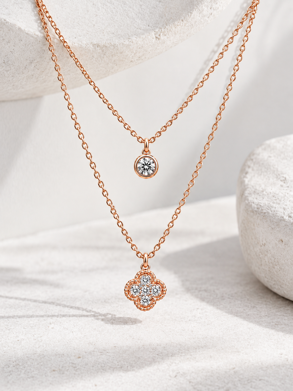 Rose Gold Layered Clover & Solitaire Necklace