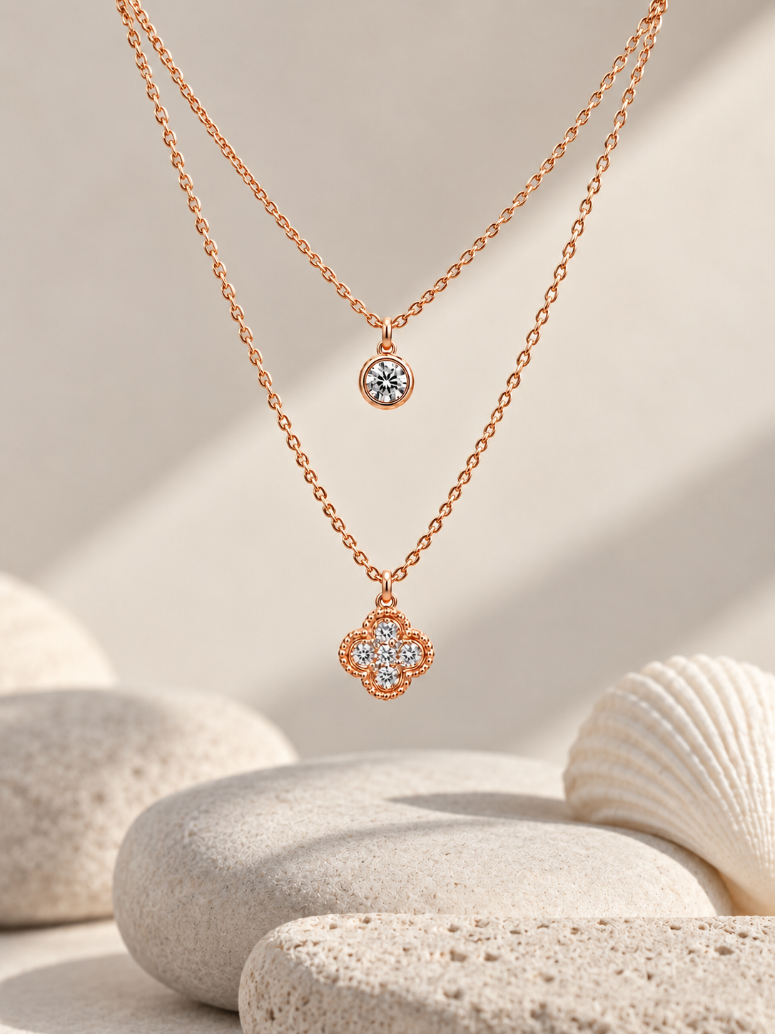 Rose Gold Layered Clover & Solitaire Necklace