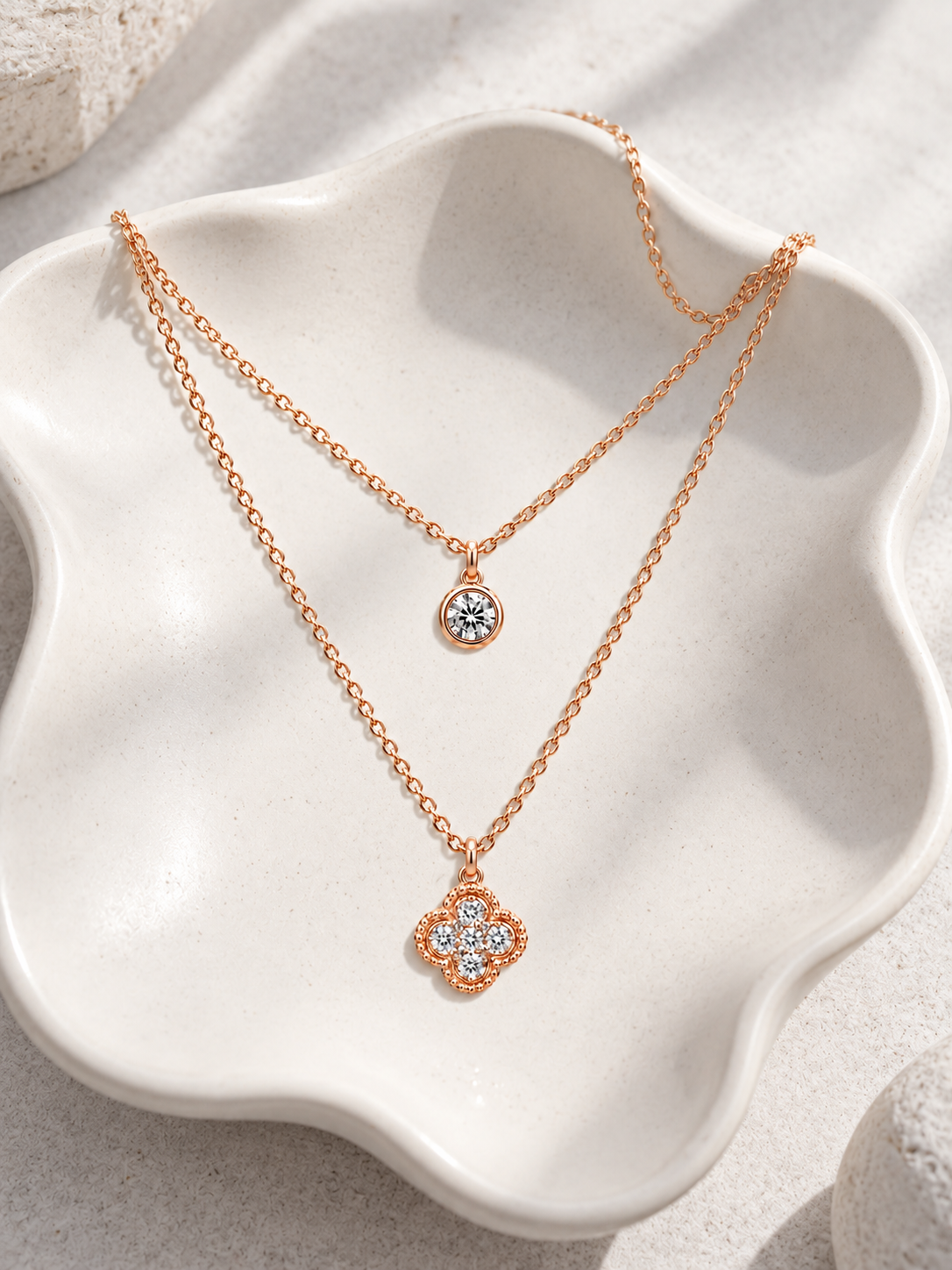 Rose Gold Layered Clover & Solitaire Necklace