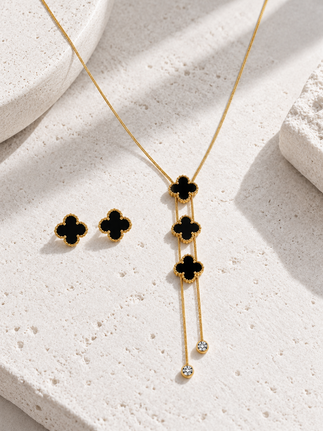 Black Clover Lariat Necklace & Earring Set