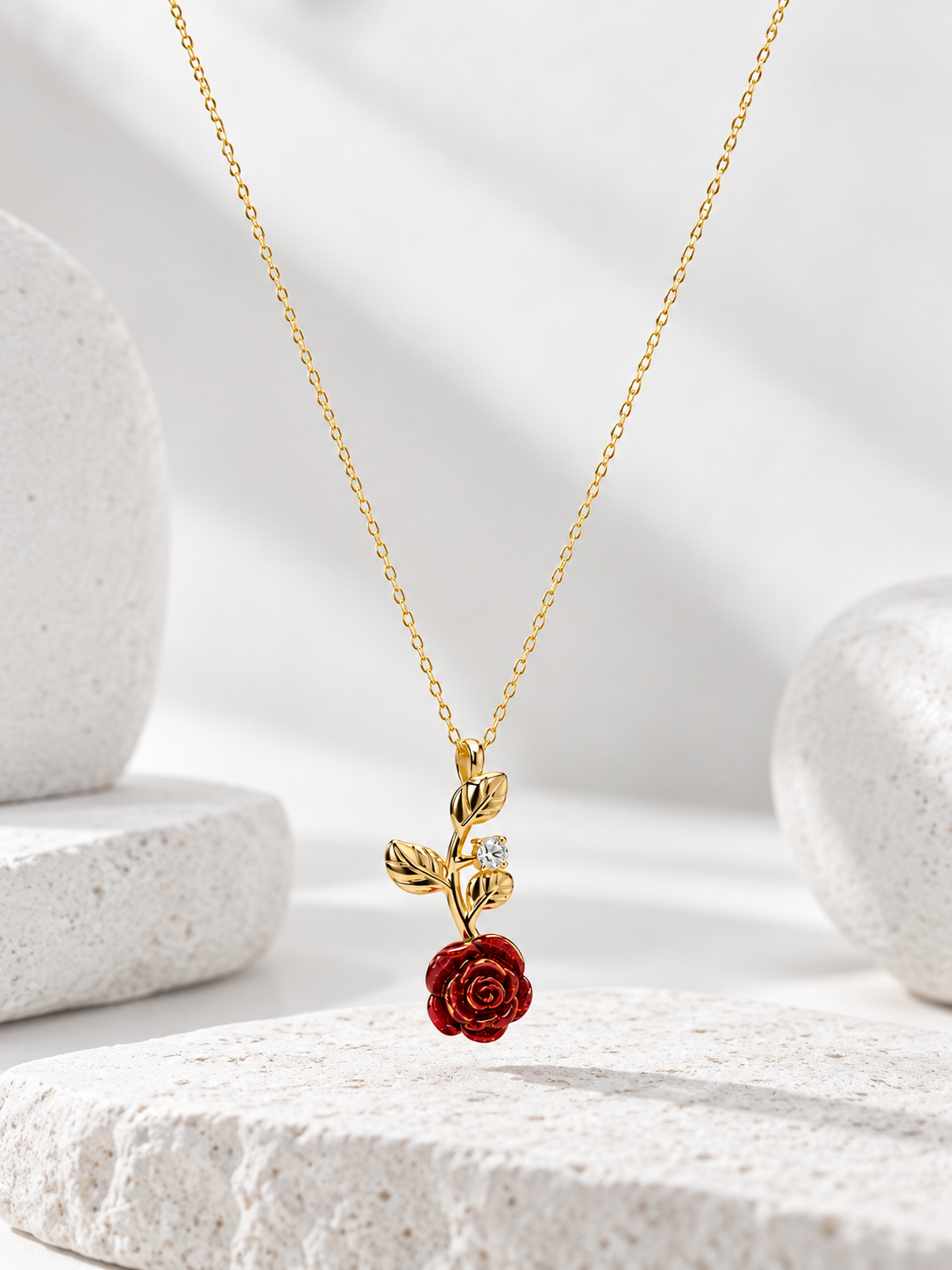 Gold Leaf & Crimson Rose Necklace