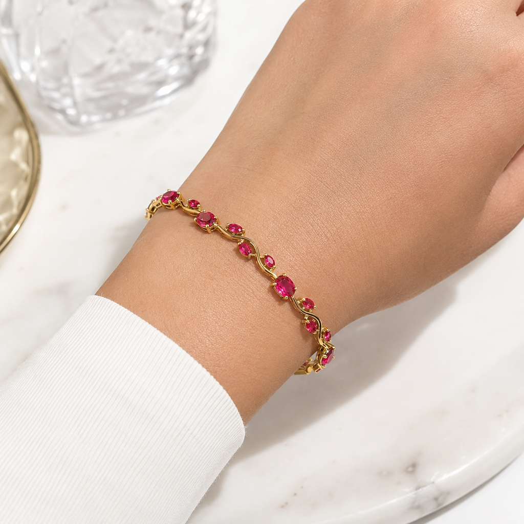 Ruby red CZ bracelet on wrist - close up