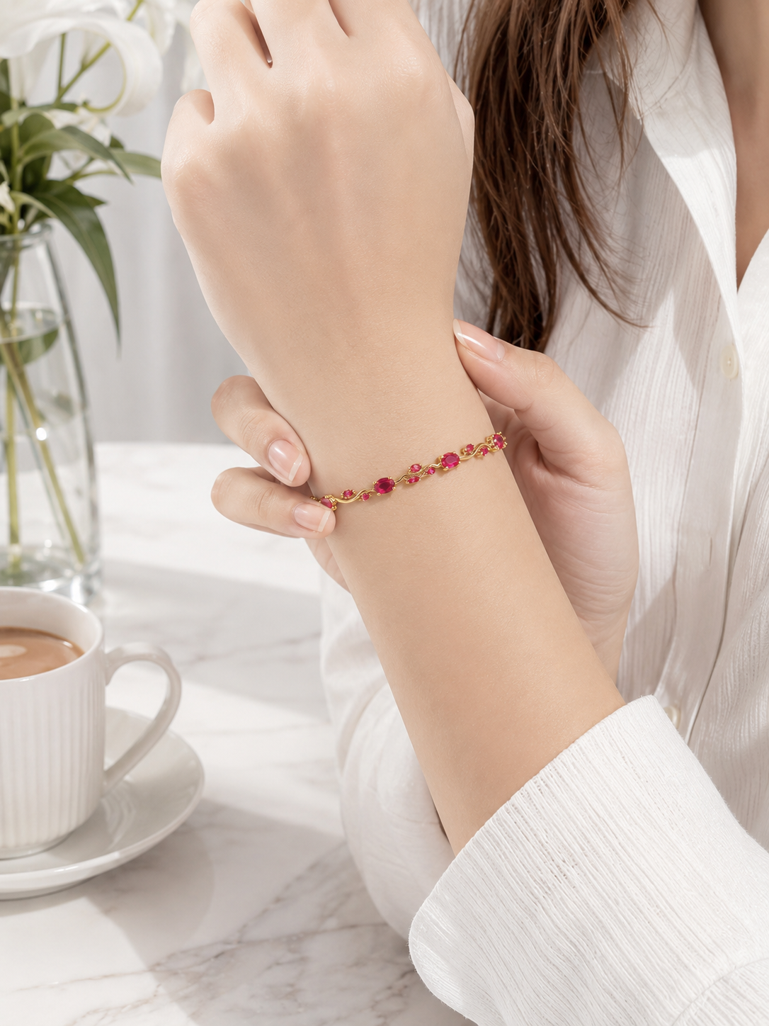 Ruby red CZ bracelet lifestyle shot