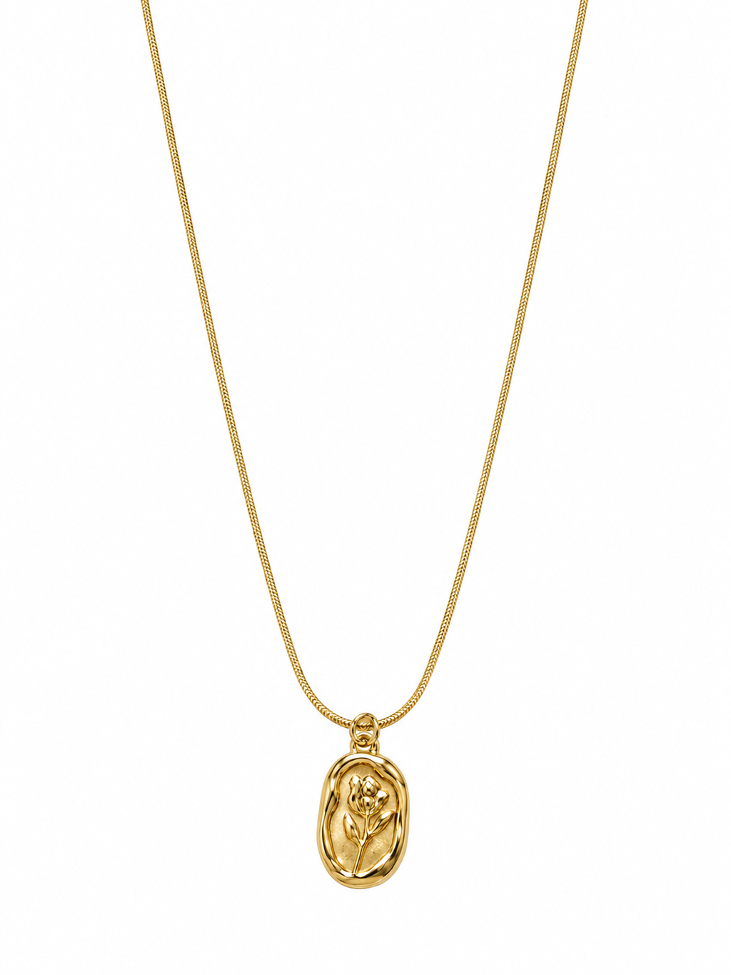 Gold rose oval pendant necklace on snake chain