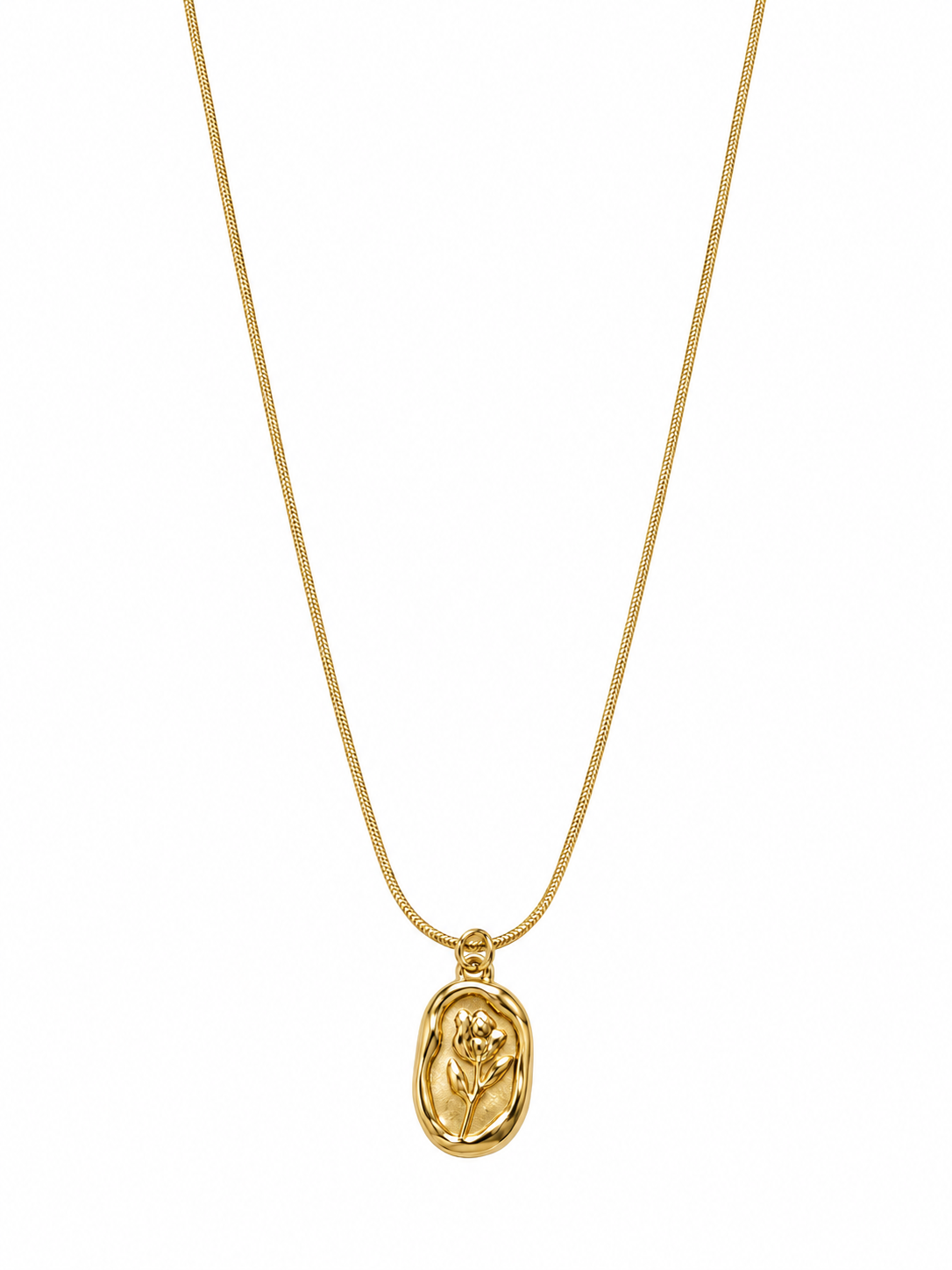 Gold rose oval pendant necklace on snake chain