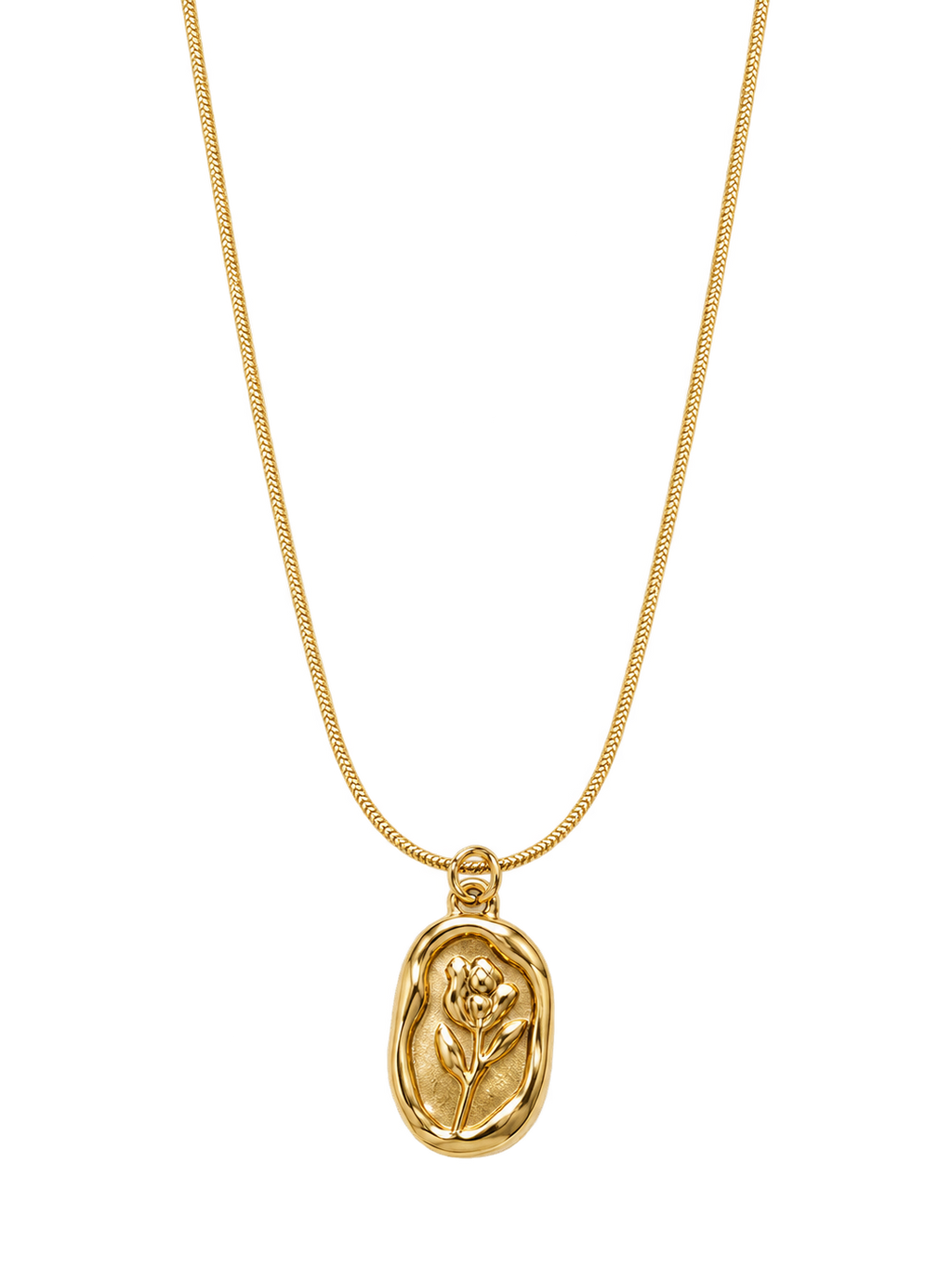 Close-up of gold rose oval pendant necklace