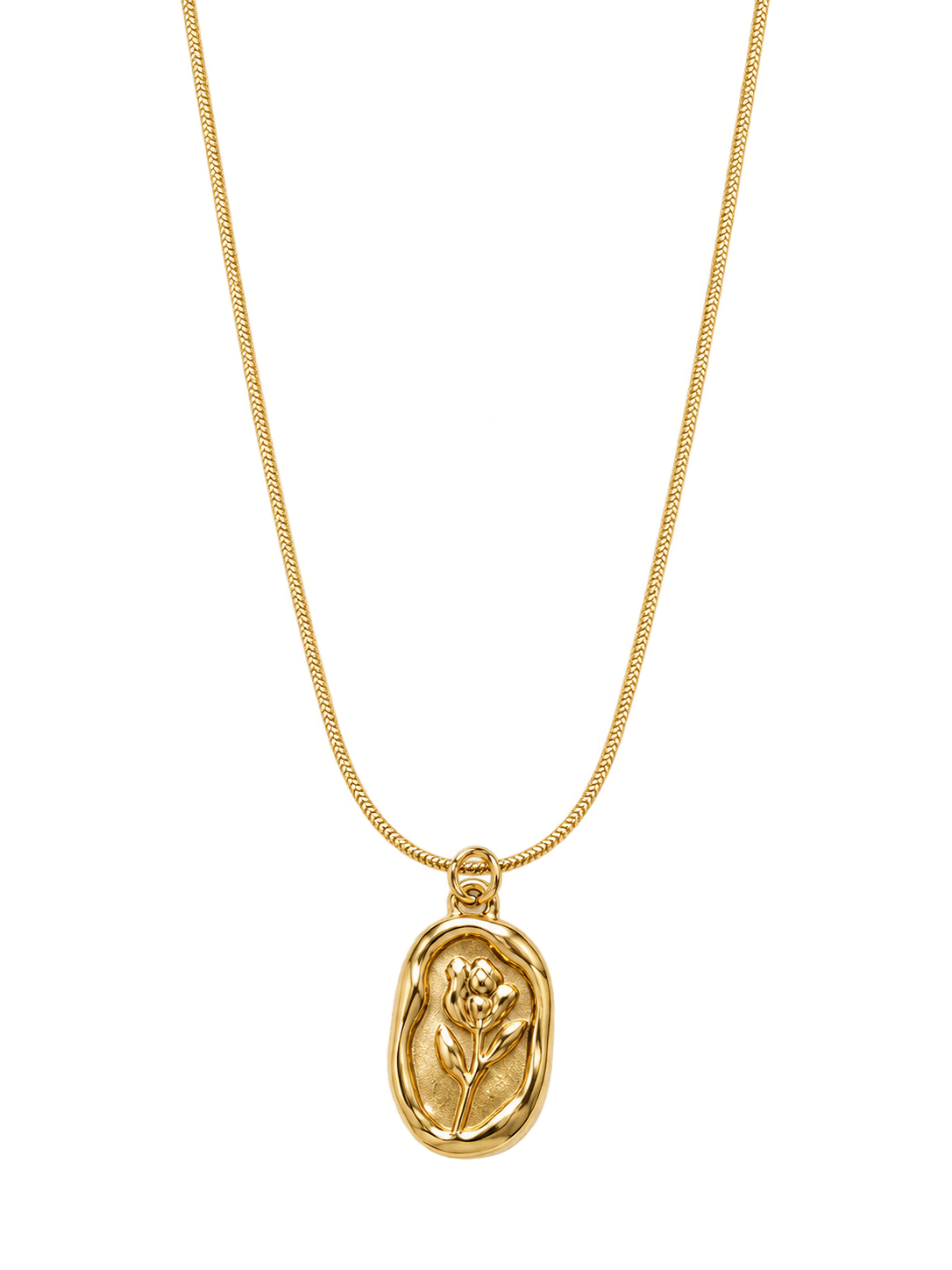Close-up of gold rose oval pendant necklace