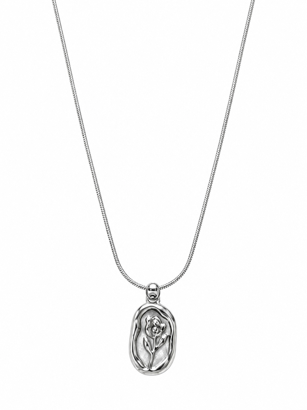 Silver rose oval pendant necklace on snake chain