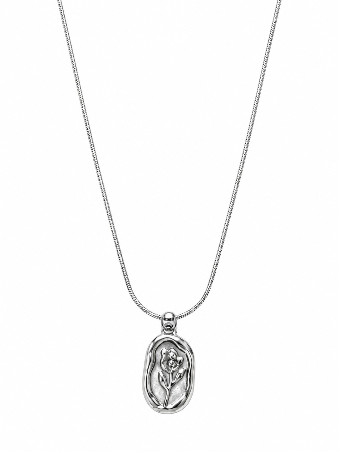 Silver rose oval pendant necklace on snake chain