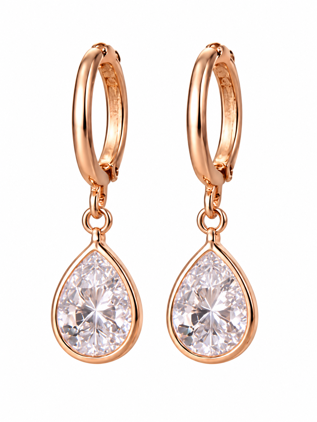 Pair of rose-gold-tone hoop earrings with clear teardrop stones