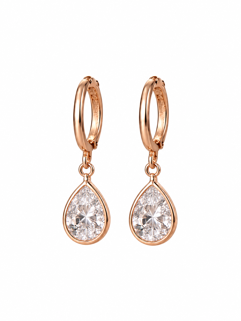 Close-up of rose-gold-tone hoop drop earrings with clear teardrop stones
