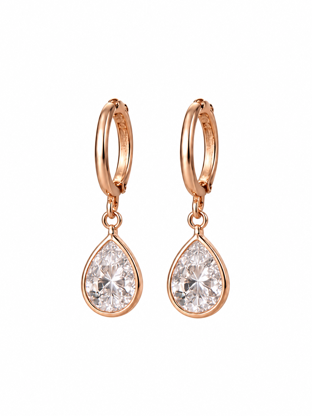 Close-up of rose-gold-tone hoop drop earrings with clear teardrop stones