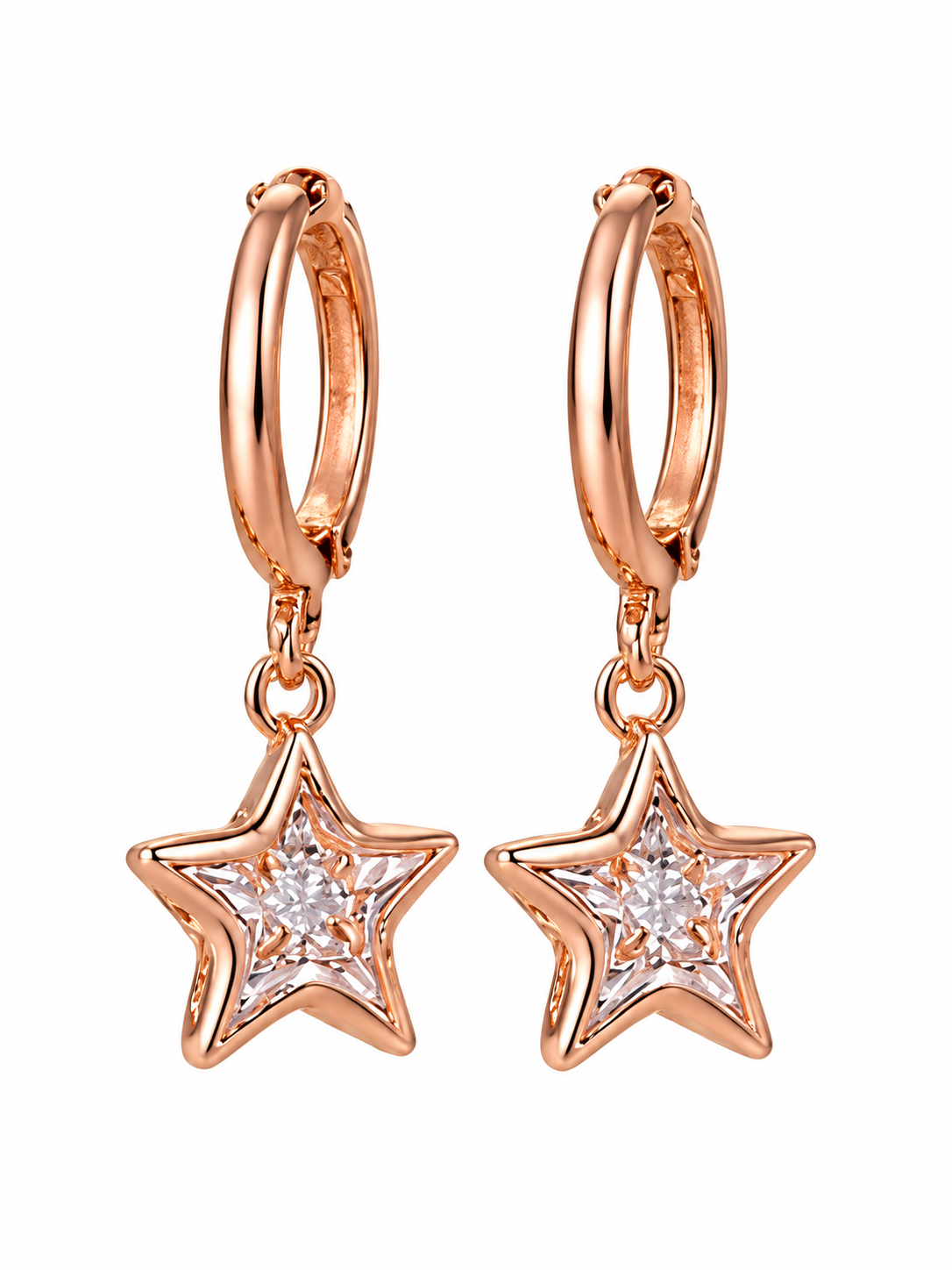 Pair of rose-gold-tone hoop earrings with sparkling star drops