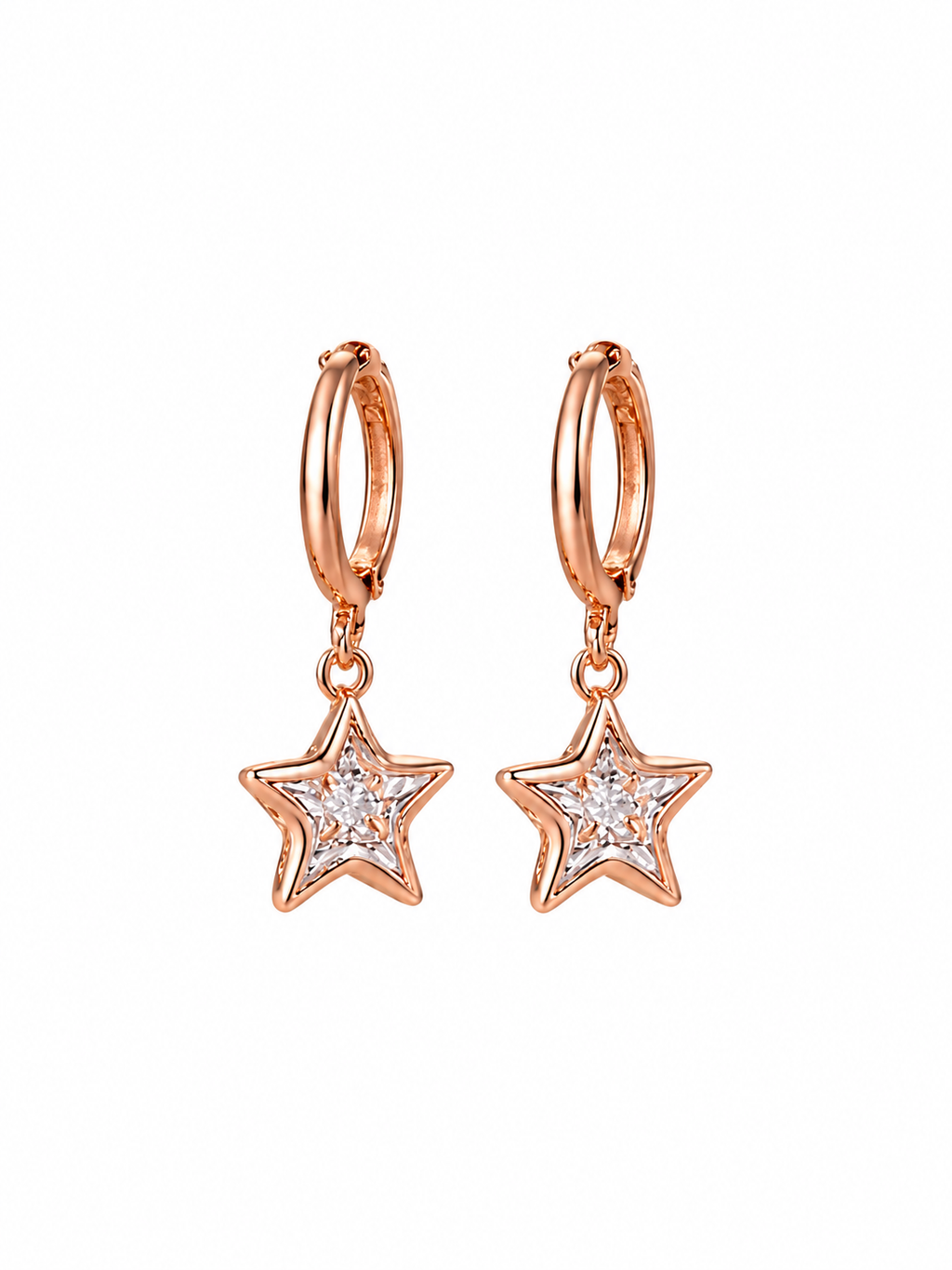 Close-up of rose-gold-tone hoop earrings with clear star-shaped stones