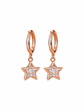 Close-up of rose-gold-tone hoop earrings with clear star-shaped stones