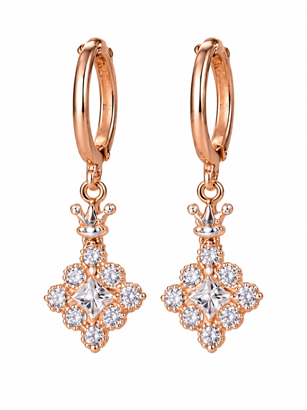 Pair of rose gold hoop earrings with crown-inspired clear crystal drop charms