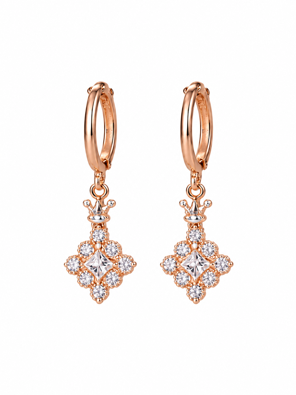 Close-up of rose gold crown crystal drop hoop earrings with square centre stones