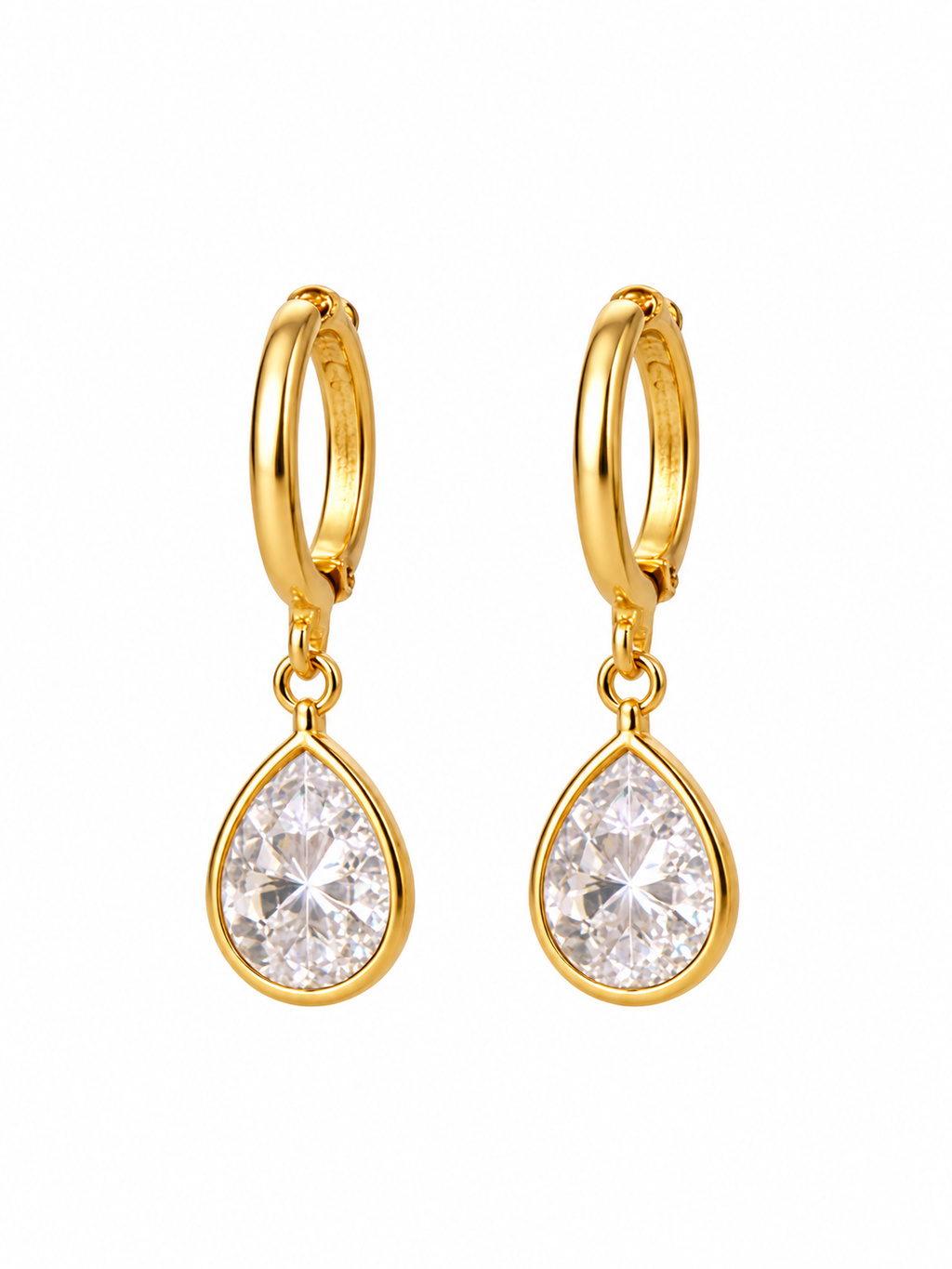 Pair of gold-tone hoop earrings with clear teardrop crystal drops