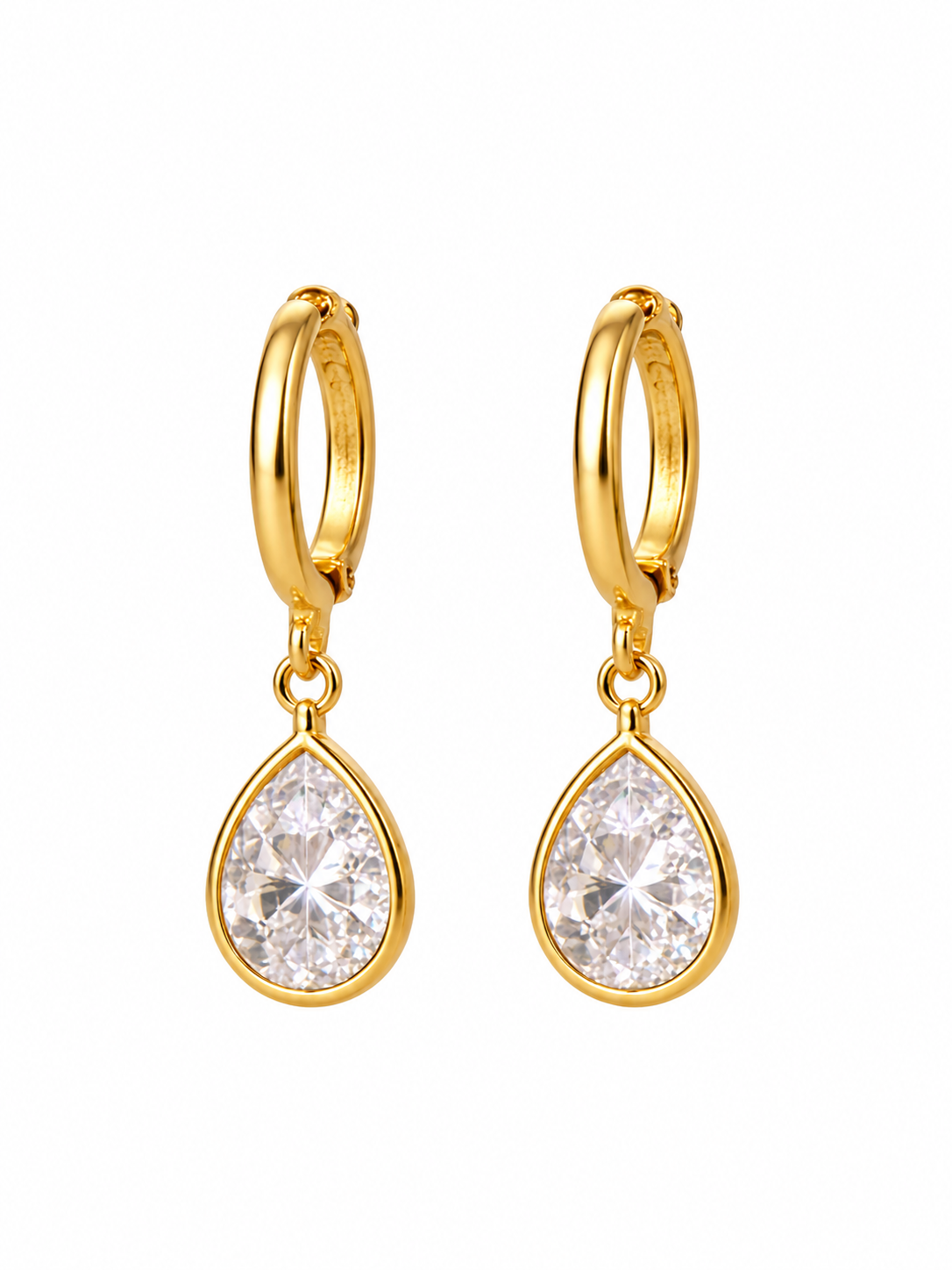 Pair of gold-tone hoop earrings with clear teardrop crystal drops