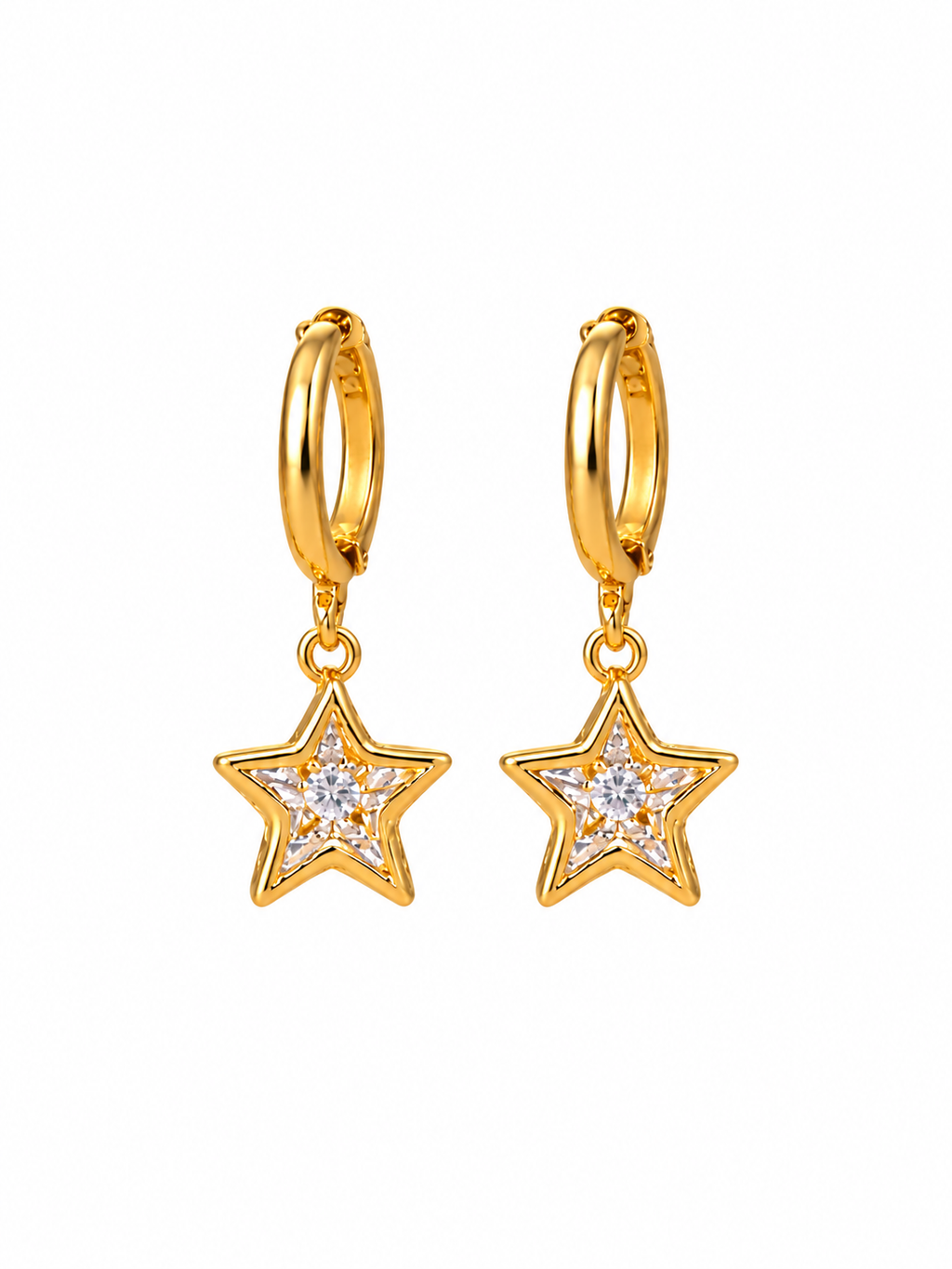 Gold-plated star charm huggie earrings close up