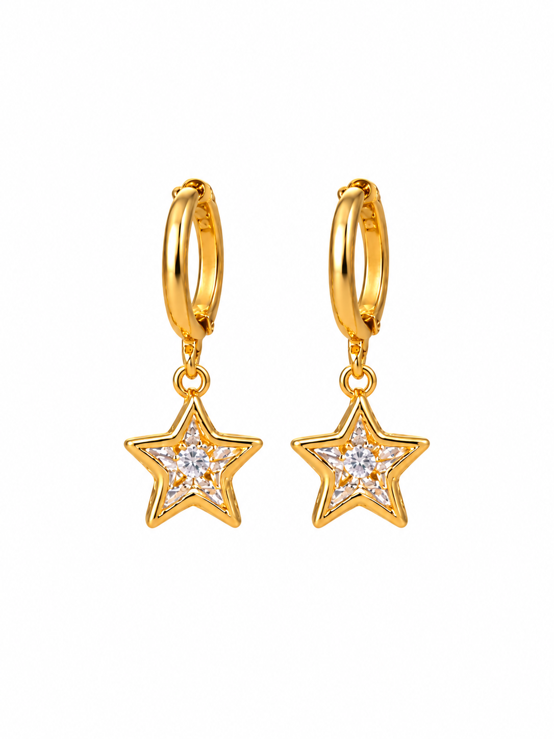 Gold-plated star charm huggie earrings close up