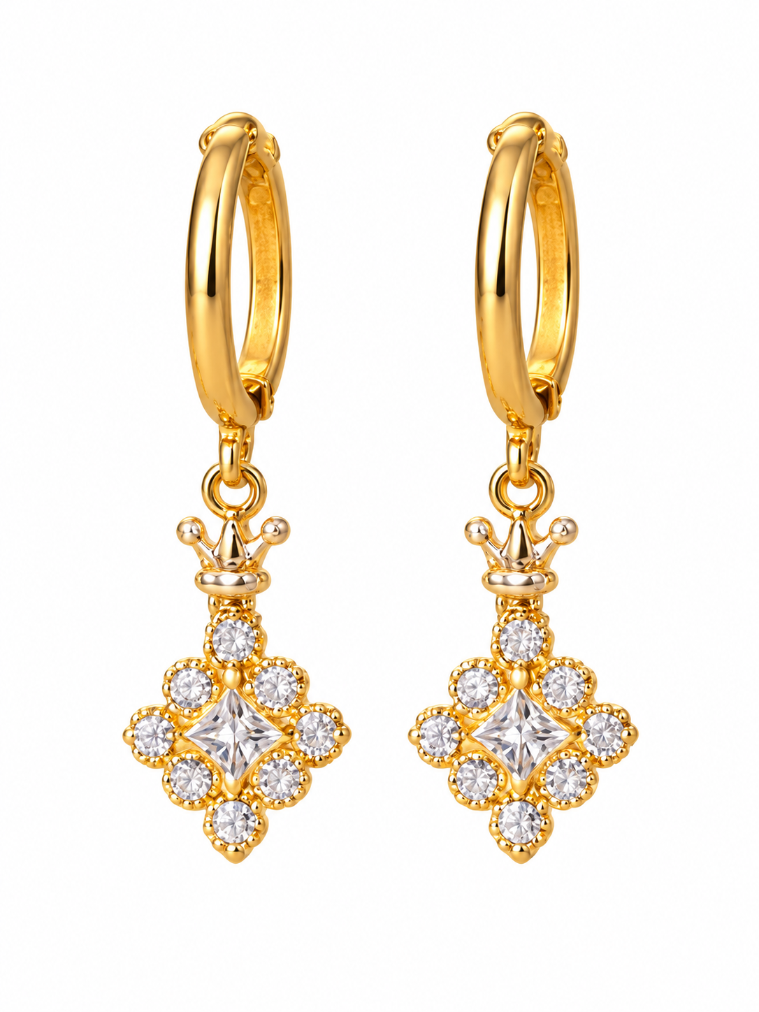 Gold-tone crown dangle earrings with crystal accents
