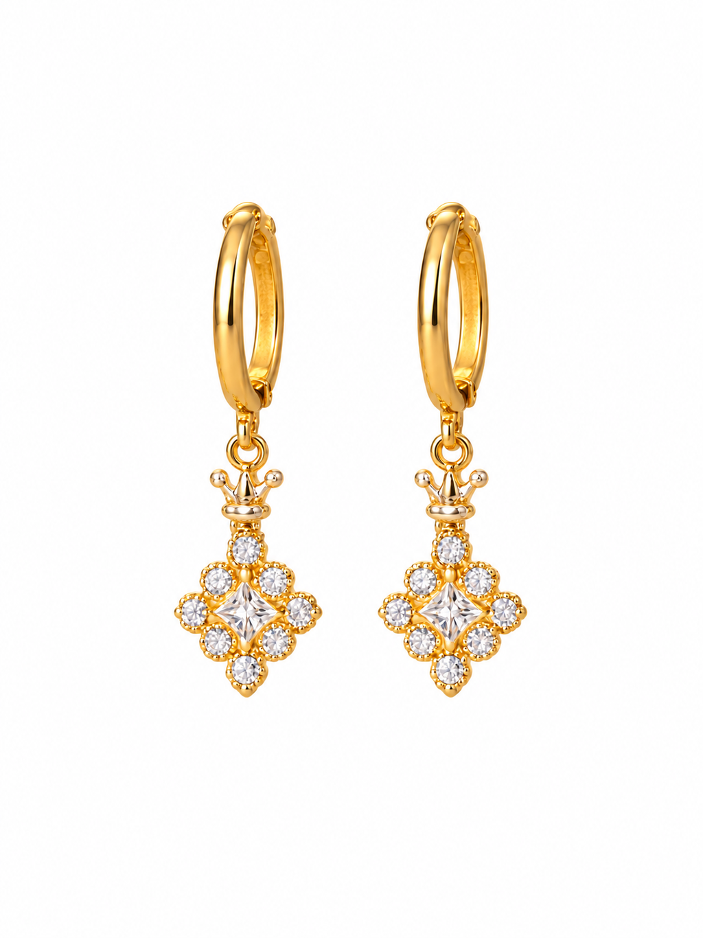 Pair of gold-tone crown dangle earrings with sparkling crystal details