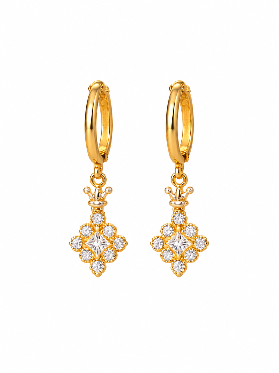 Pair of gold-tone crown dangle earrings with sparkling crystal details