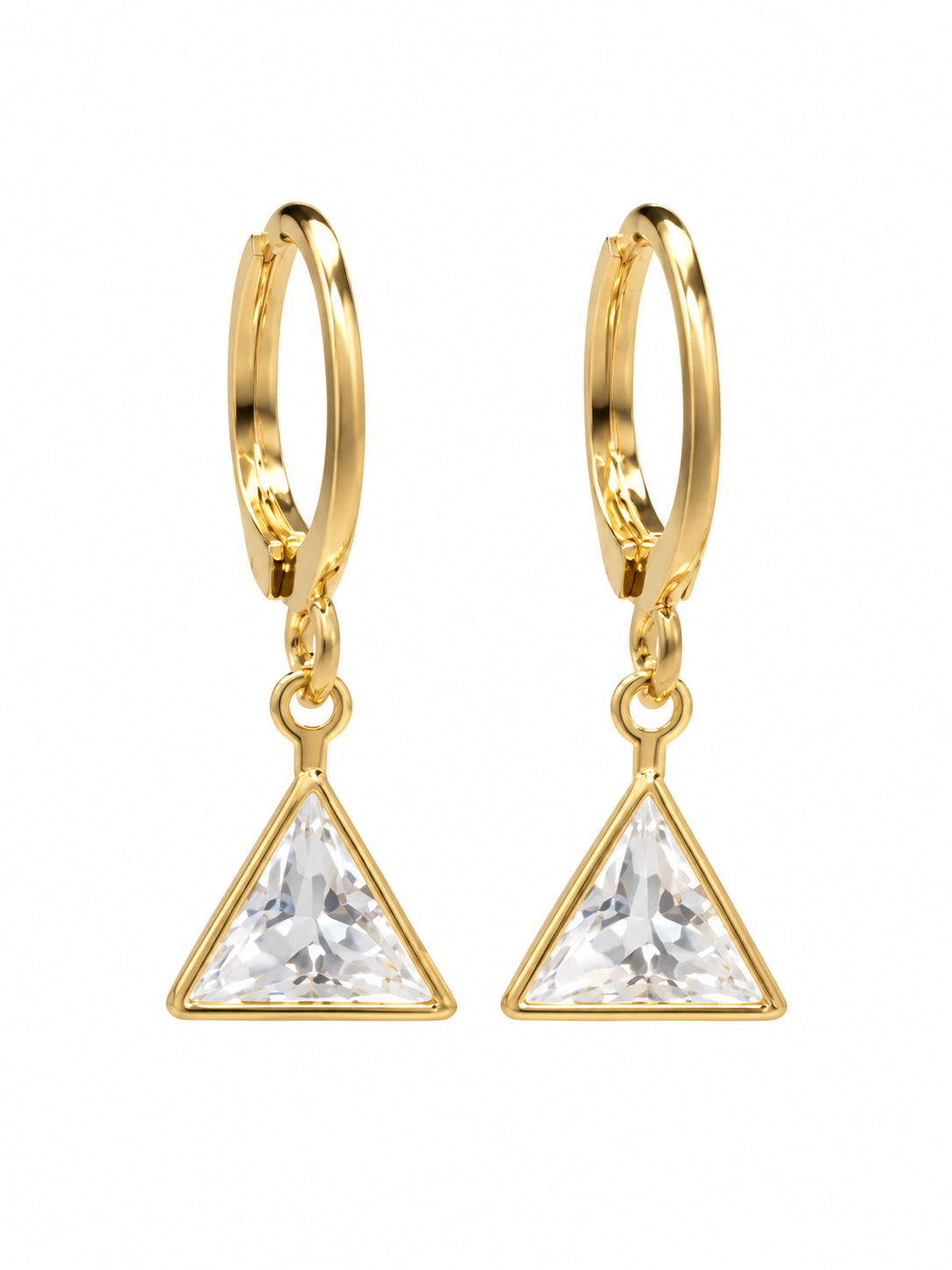 Gold triangle crystal drop huggie hoop earrings