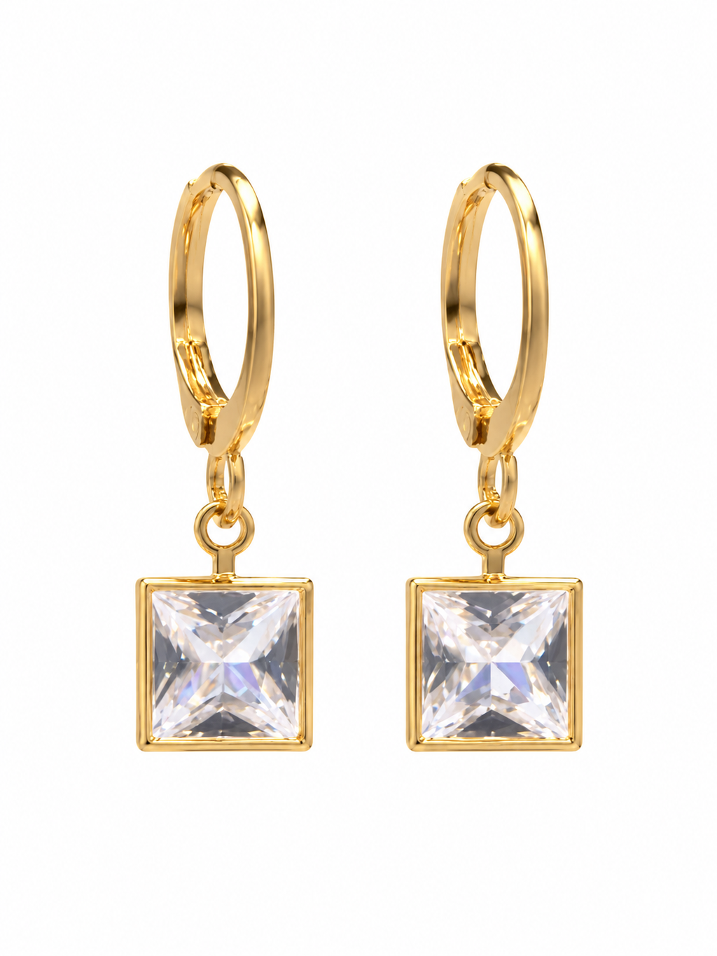 Pair of gold-tone huggie earrings with clear square crystal drops
