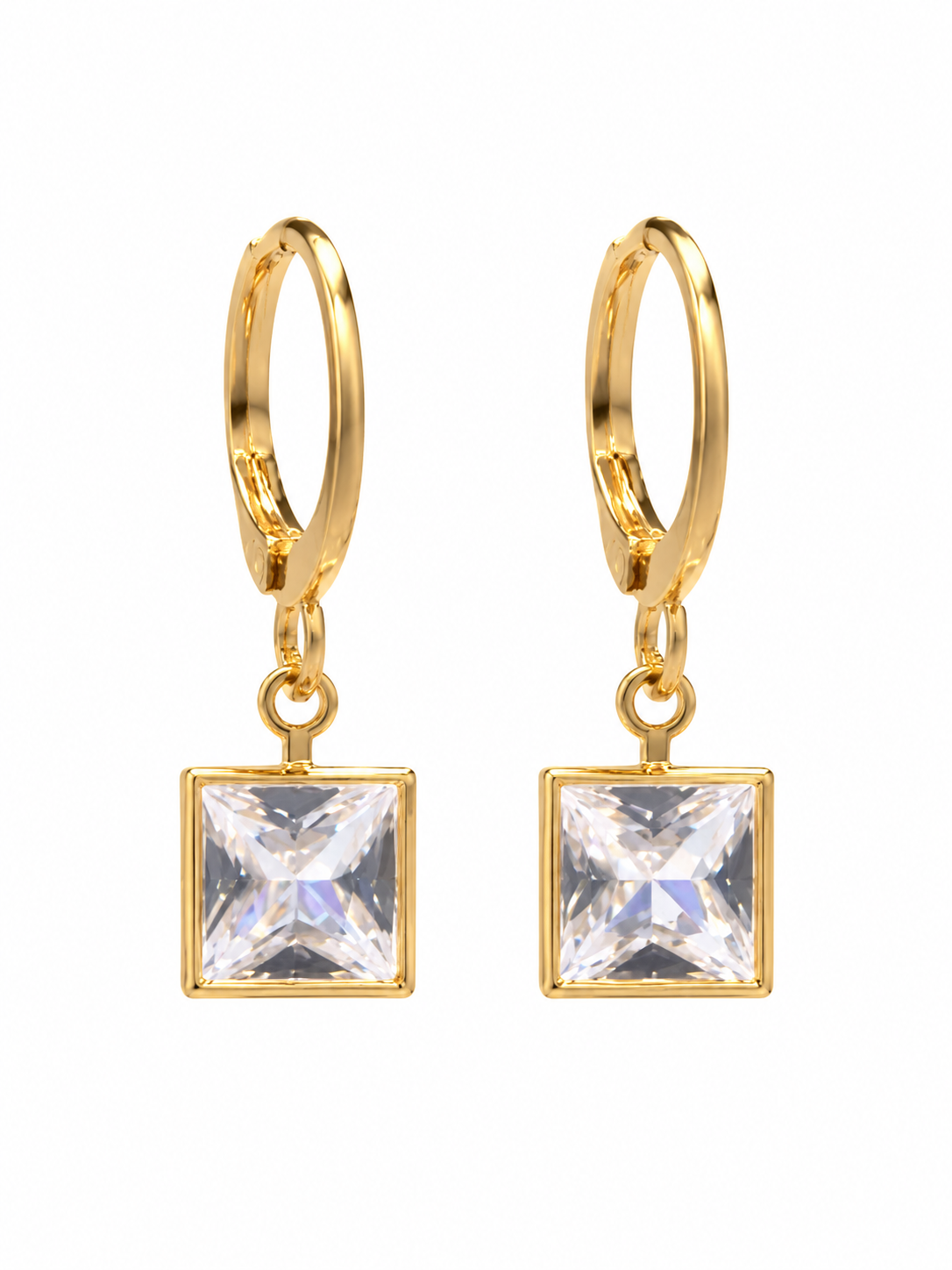 Pair of gold-tone huggie earrings with clear square crystal drops