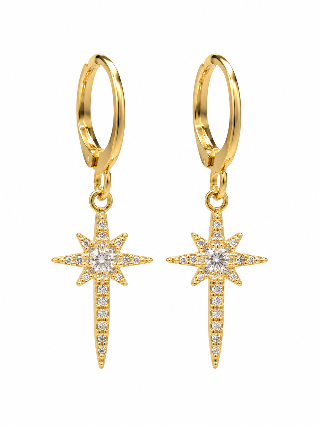 Gold-tone sunburst drop earrings on a white background