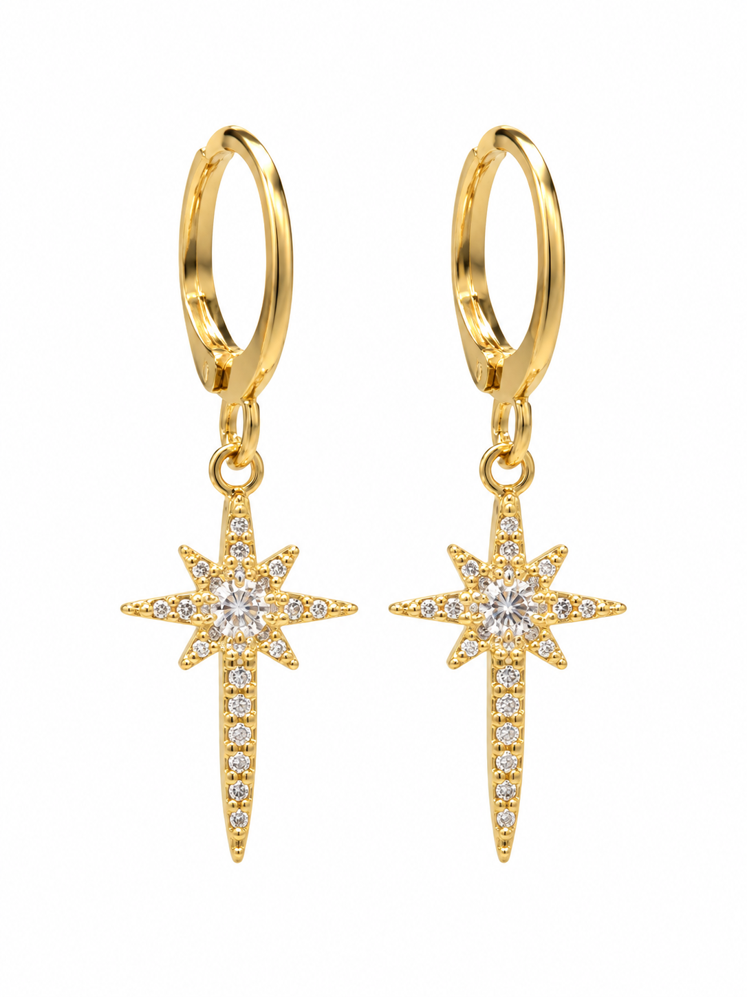 Gold-tone sunburst drop earrings on a white background