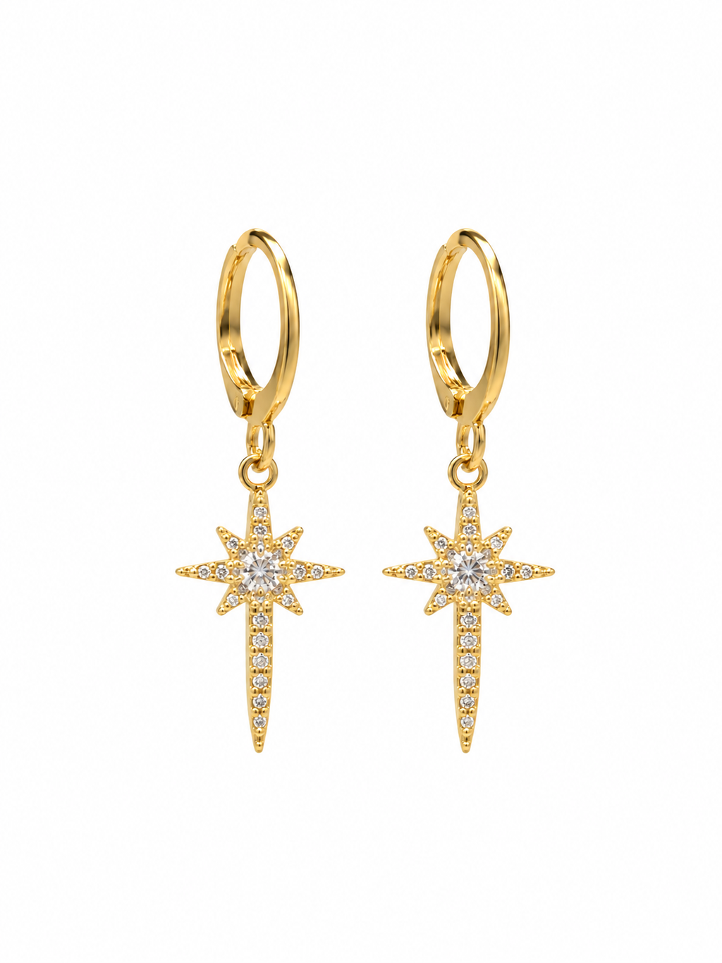 Close-up of gold-tone sunburst drop earrings on a white background