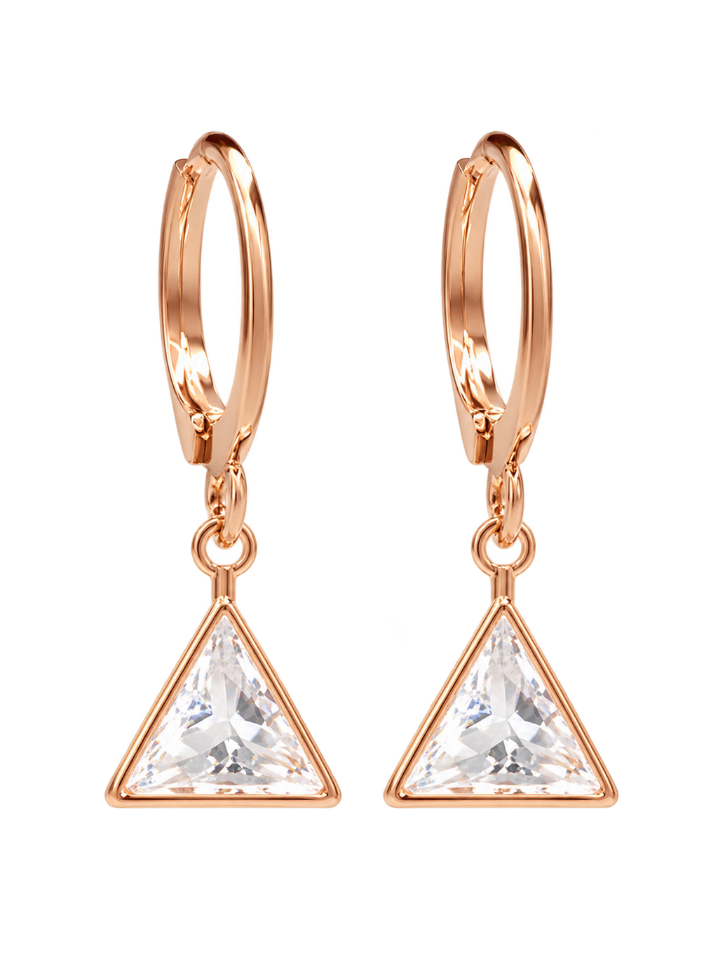 Pair of rose gold-tone hoop earrings with clear triangular crystal drops on a dark background